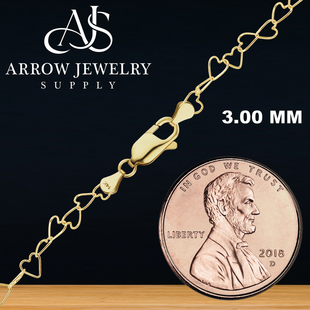 Solid 14K Yellow Gold Tall Heart Link Chain Necklace Made in any Custom Length