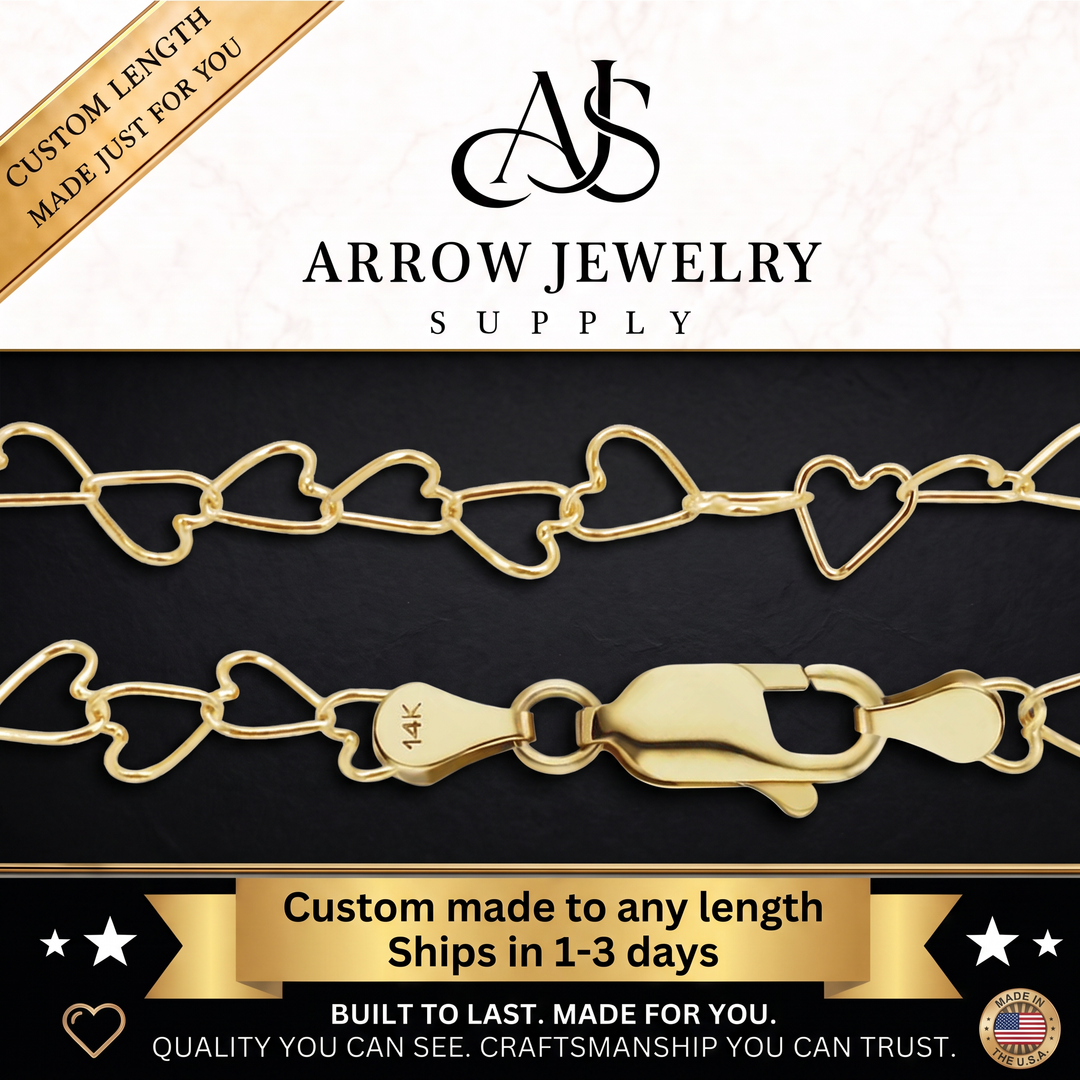 Solid 14K Yellow Gold Tall Heart Link Chain Necklace Made in any Custom Length