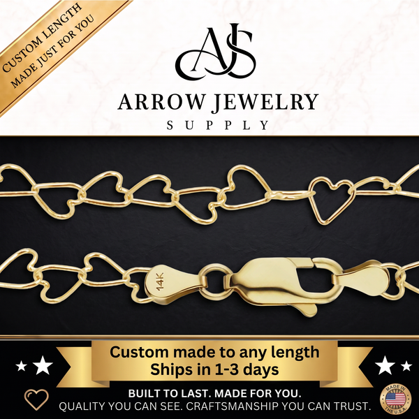 Solid 14K Yellow Gold Tall Heart Link Chain Necklace Made in any Custom Length
