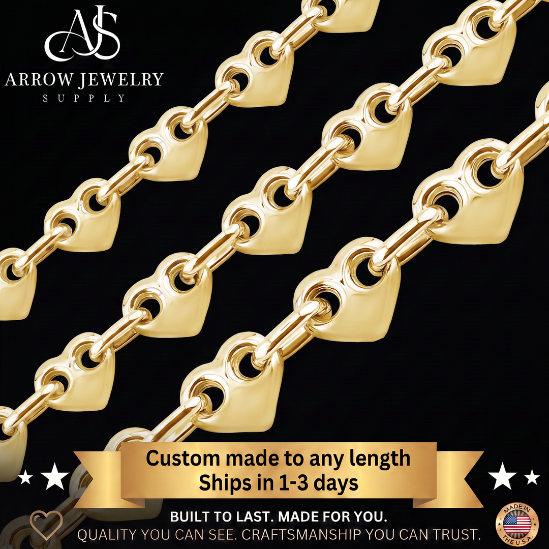 Solid 14K Yellow Gold Puffed Heart Link Chain Necklace Made in any Custom Length