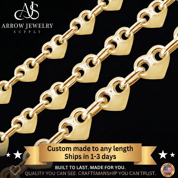 Solid 14K Yellow Gold Puffed Heart Link Chain Necklace Made in any Custom Length
