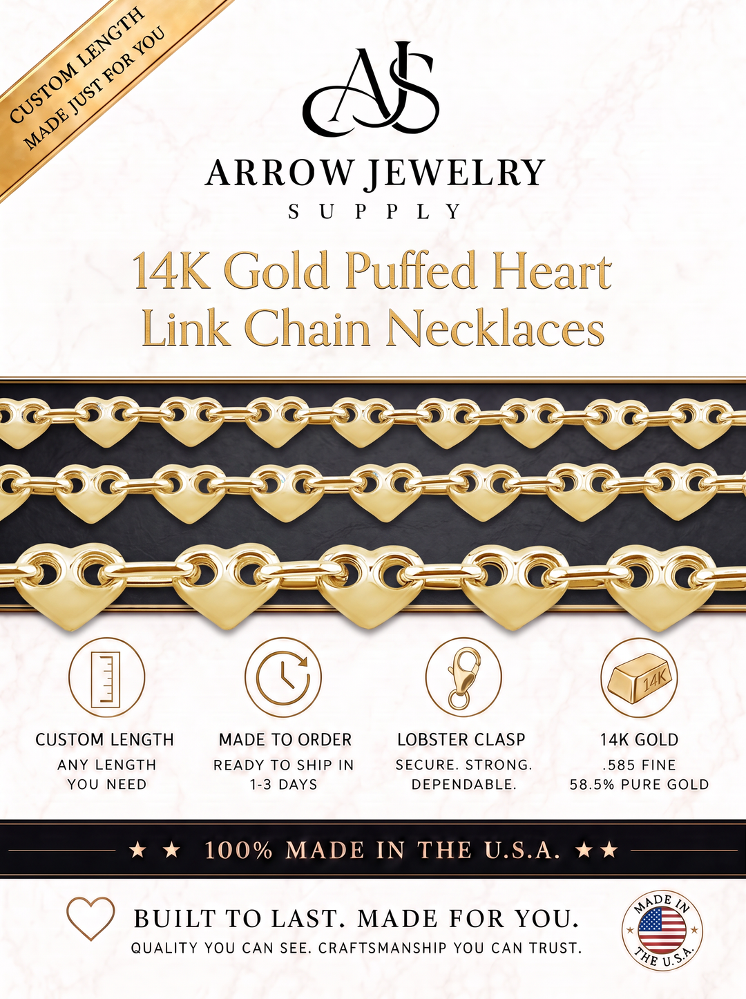 Solid 14K Yellow Gold Puffed Heart Link Chain Necklace Made in any Custom Length