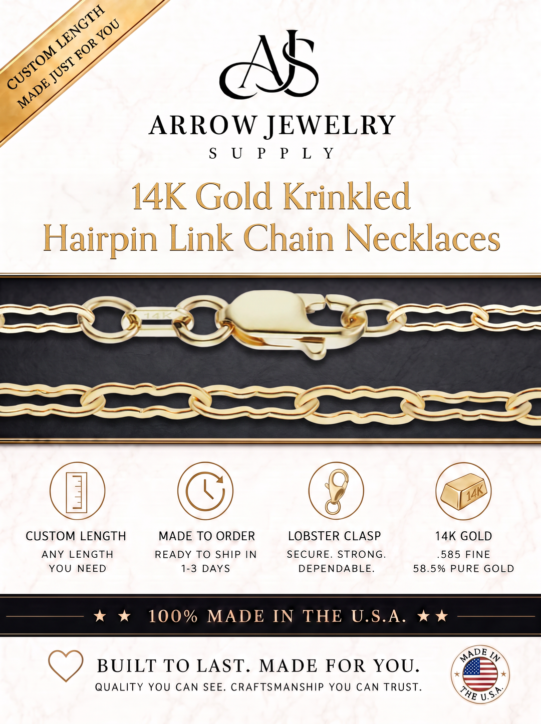 Solid 14K Yellow Gold Flat Crinkle Hairpin Like Chain Necklace - Custom Length