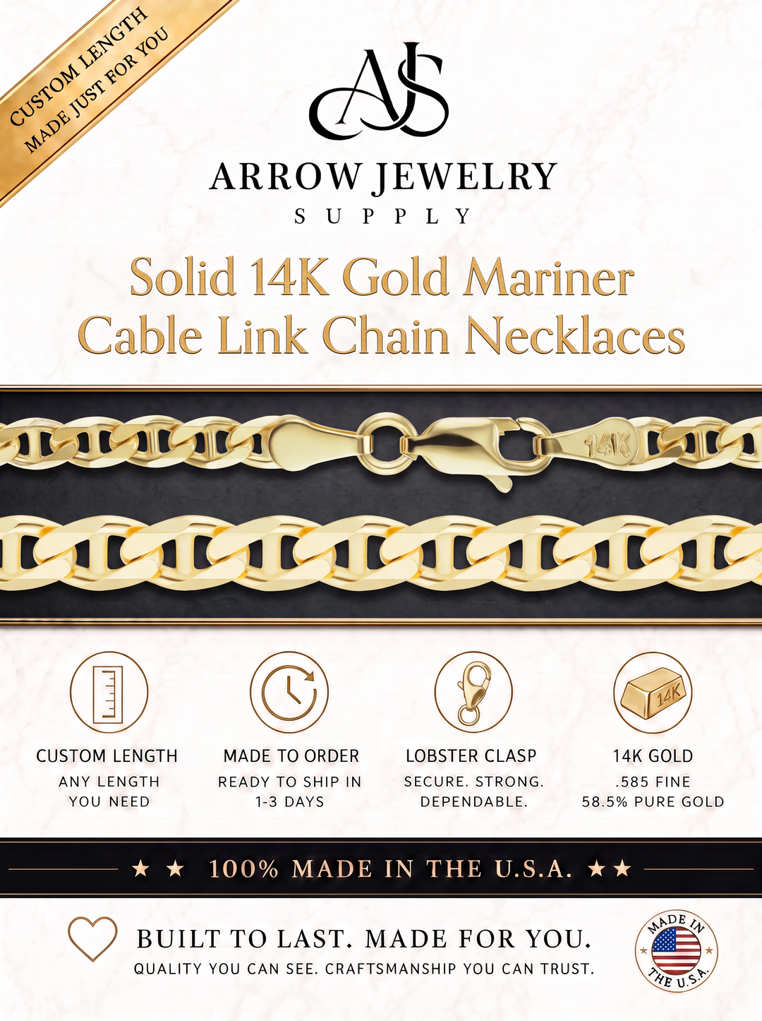Solid 14K Yellow Gold Mariner Anchor Curb Link Chain Necklace - Custom Length