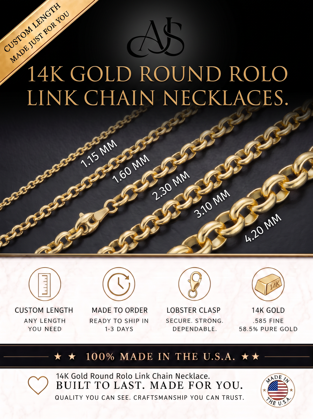 Solid 14K Yellow Gold Round Rolo Link Chain Necklace Made in any Custom Length