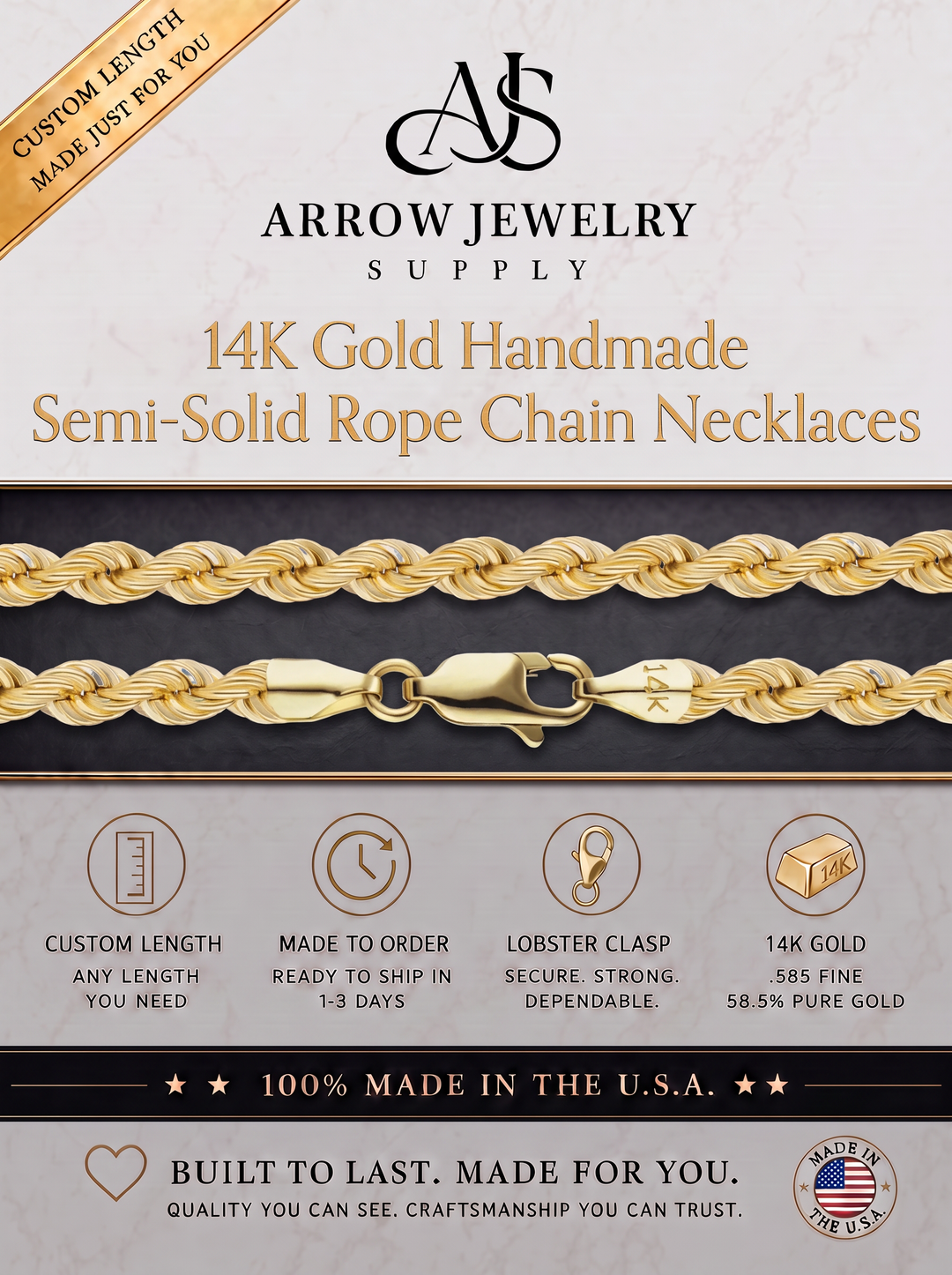 Solid 14K Yellow Gold Handmade Custom Length Lightweight Rope Chain Necklace