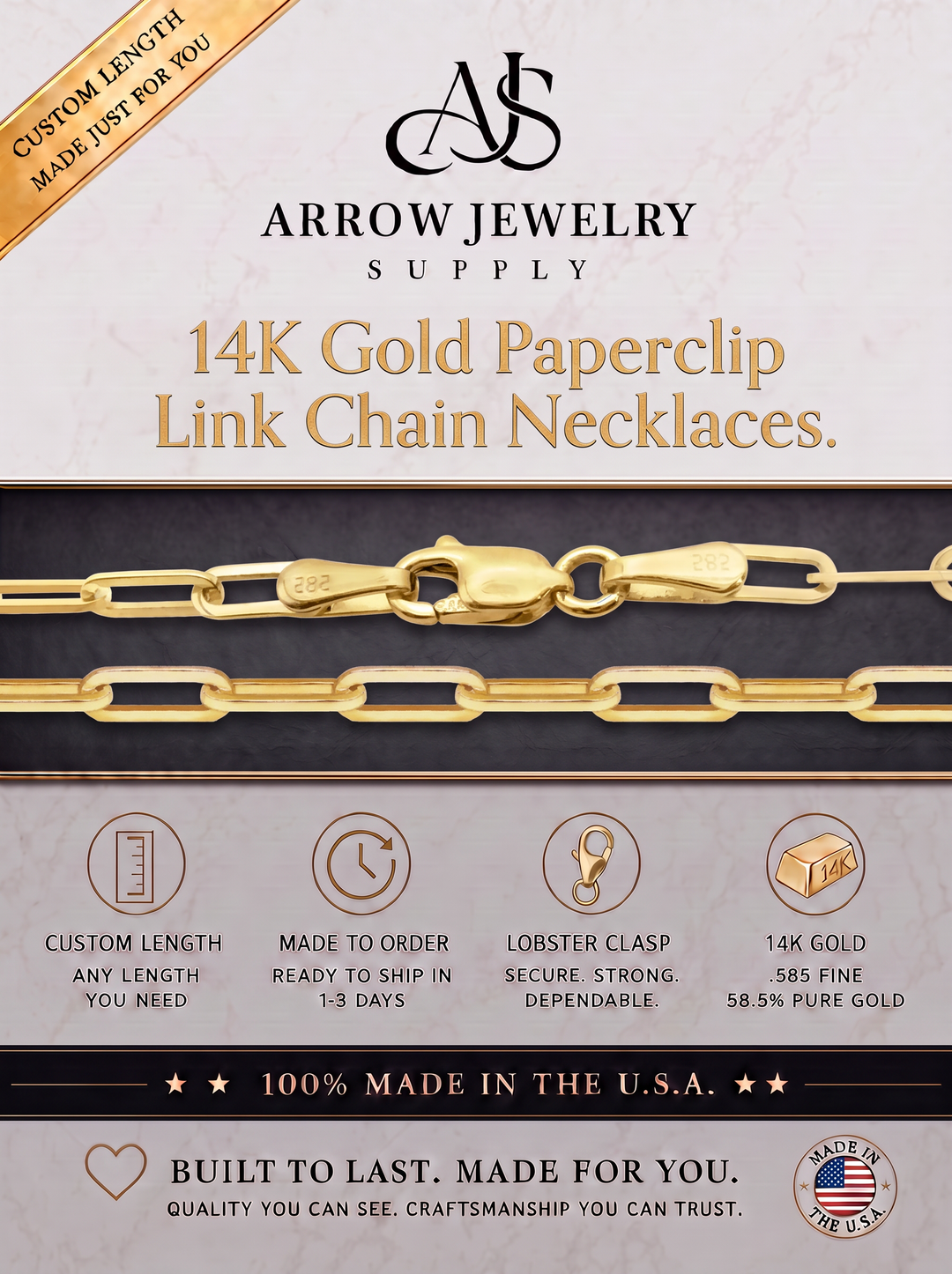 Solid 14K Yellow Gold Paperclip Cable Link Chain Necklace - Custom Length
