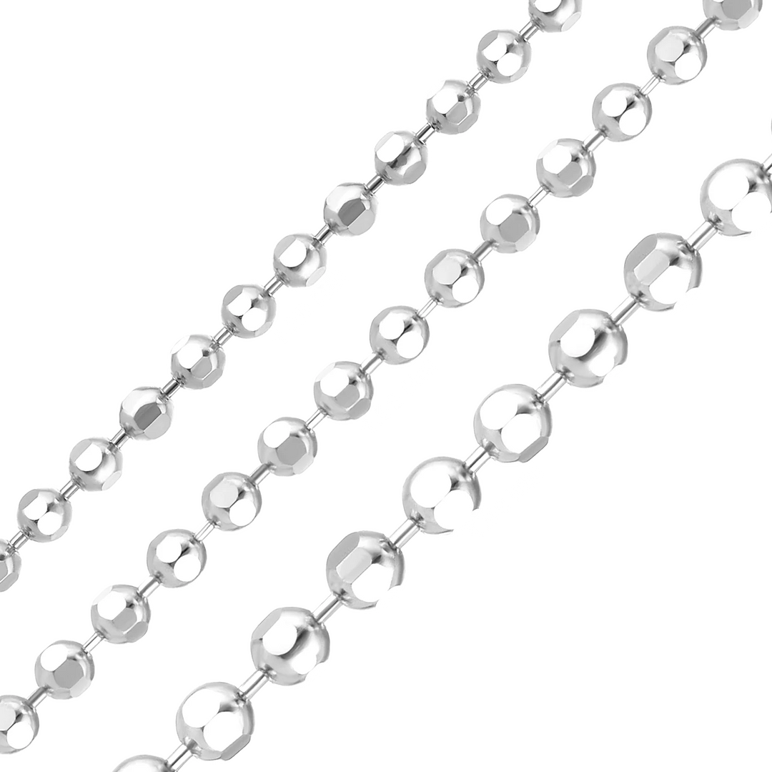 Solid 14K White Gold Diamond Cut Round Ball Bead Chain Necklace - Length