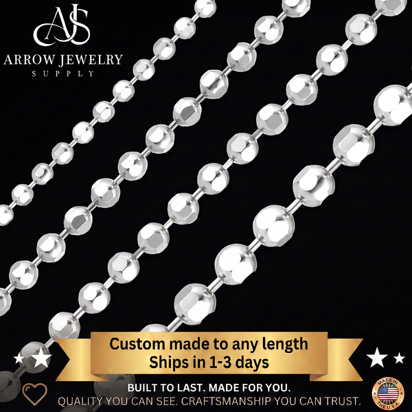 Solid 14K White Gold Diamond Cut Round Ball Bead Chain Necklace - Length