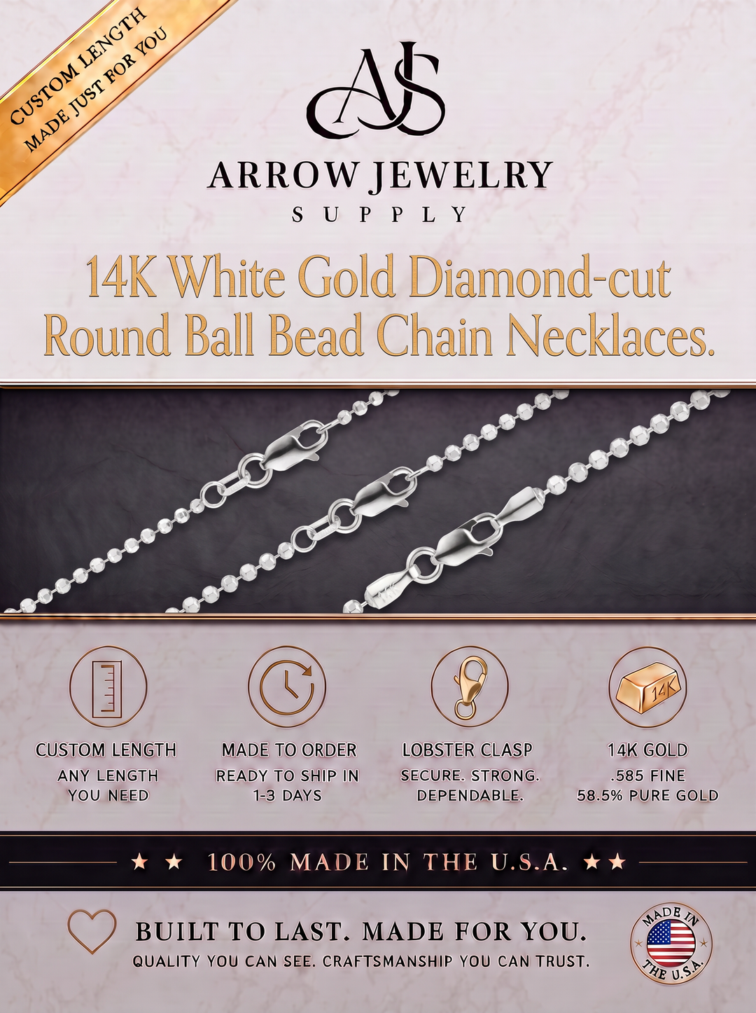 Solid 14K White Gold Diamond Cut Round Ball Bead Chain Necklace - Length
