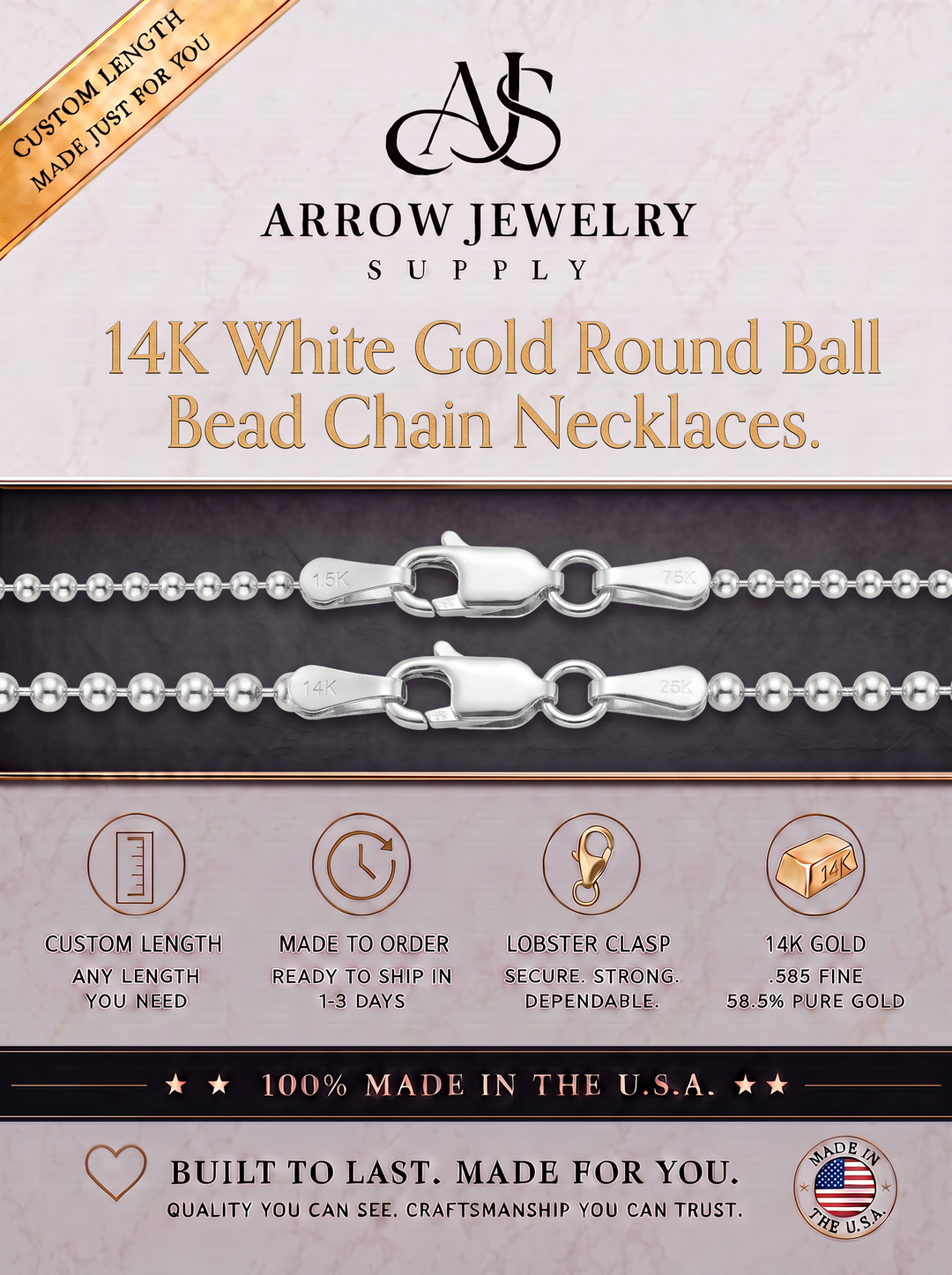 Solid 14K White Gold Round Bead Ball Chain Necklace Made in any Custom Length
