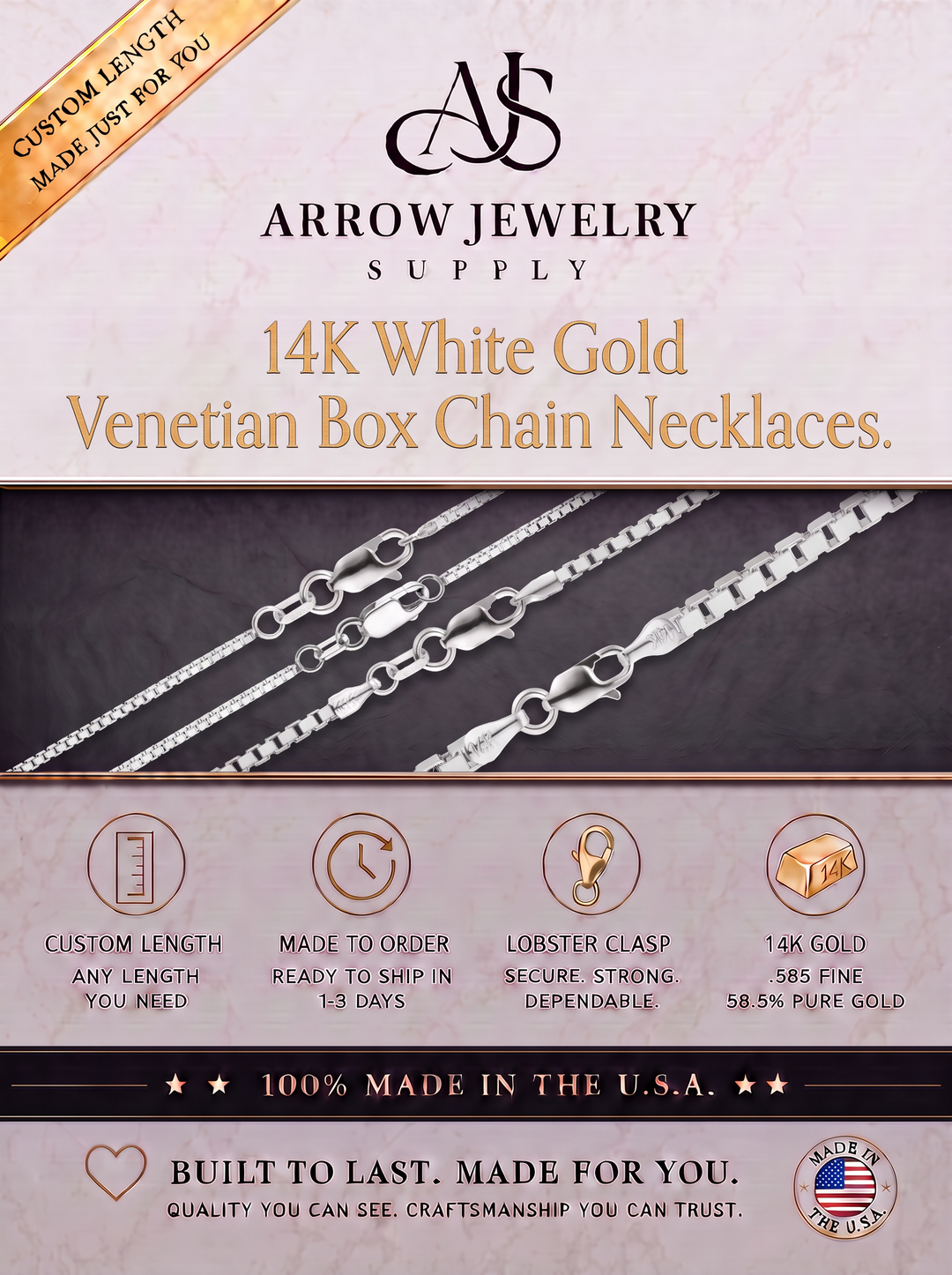 Solid 14K White Gold Venetian Box Chain Necklace Made in any Custom Length