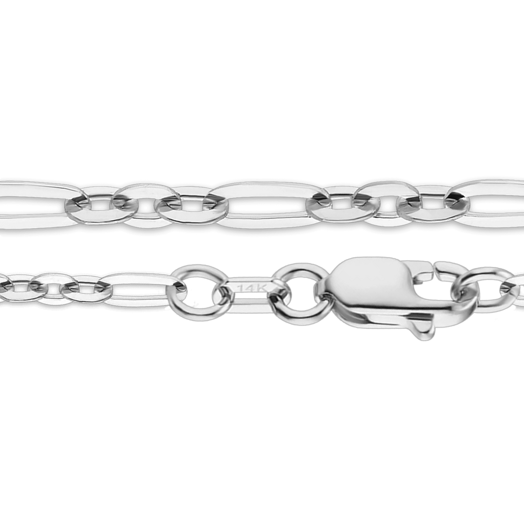 14K White Gold Diamond Cut Cable Flat Figaro Link Chain Necklace - Custom Length