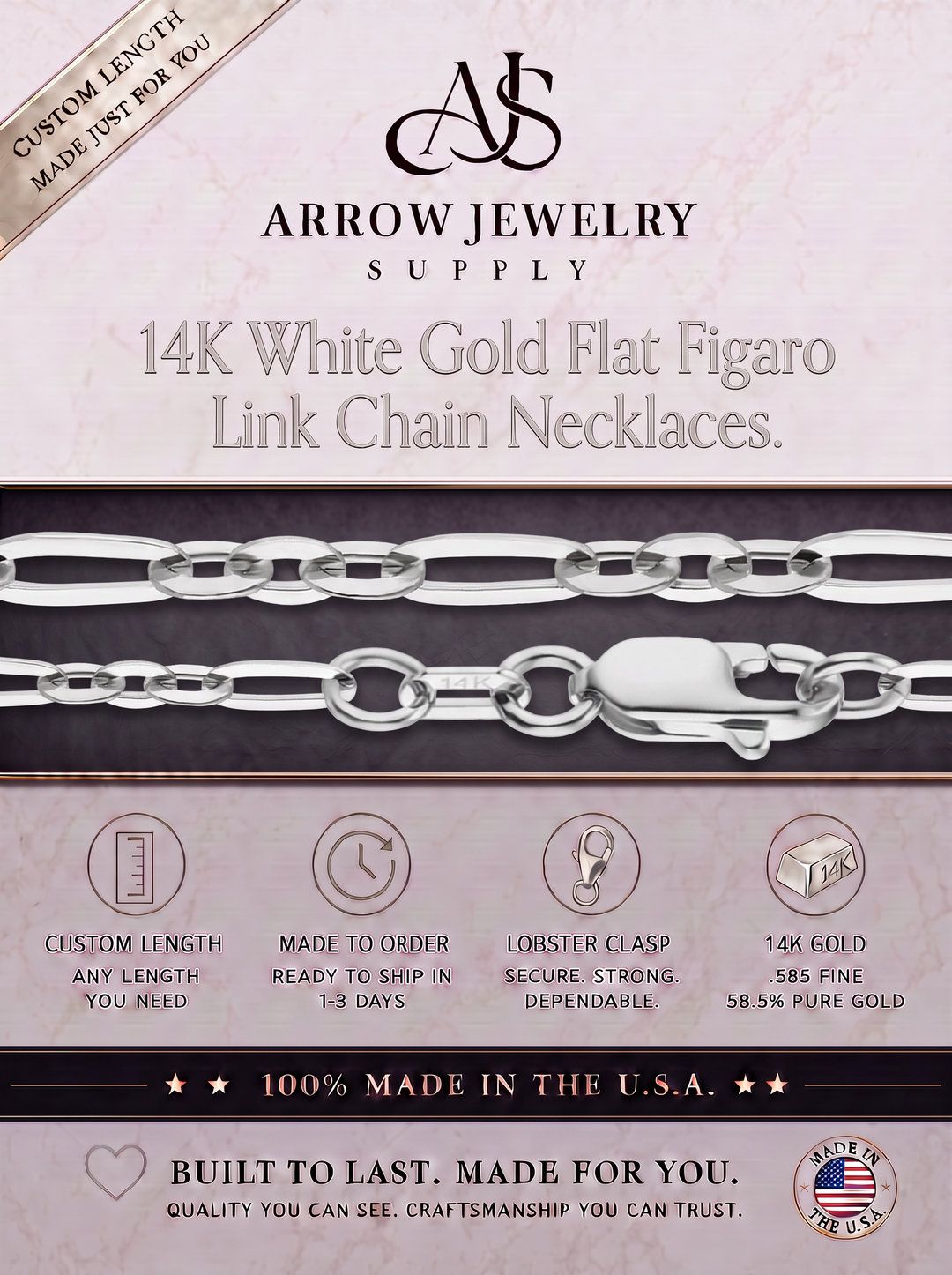 14K White Gold Diamond Cut Cable Flat Figaro Link Chain Necklace - Custom Length