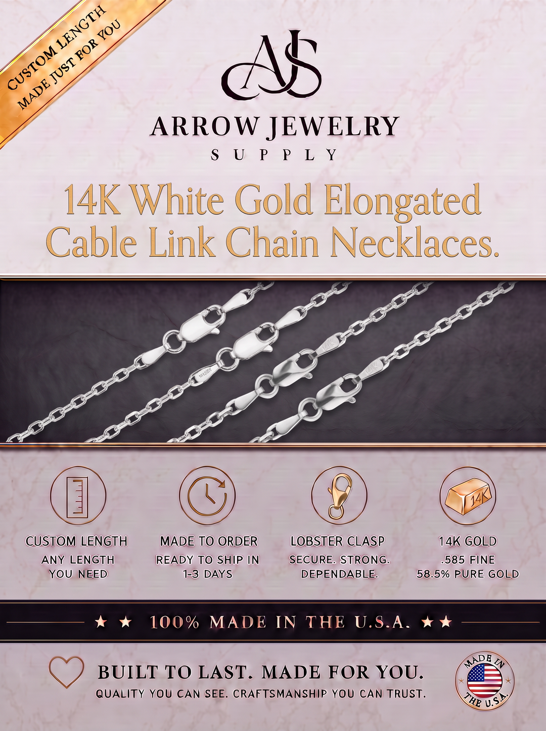 Solid 14K White Gold Diamond Cut Round Cable Link Chain Necklace - Custom Length