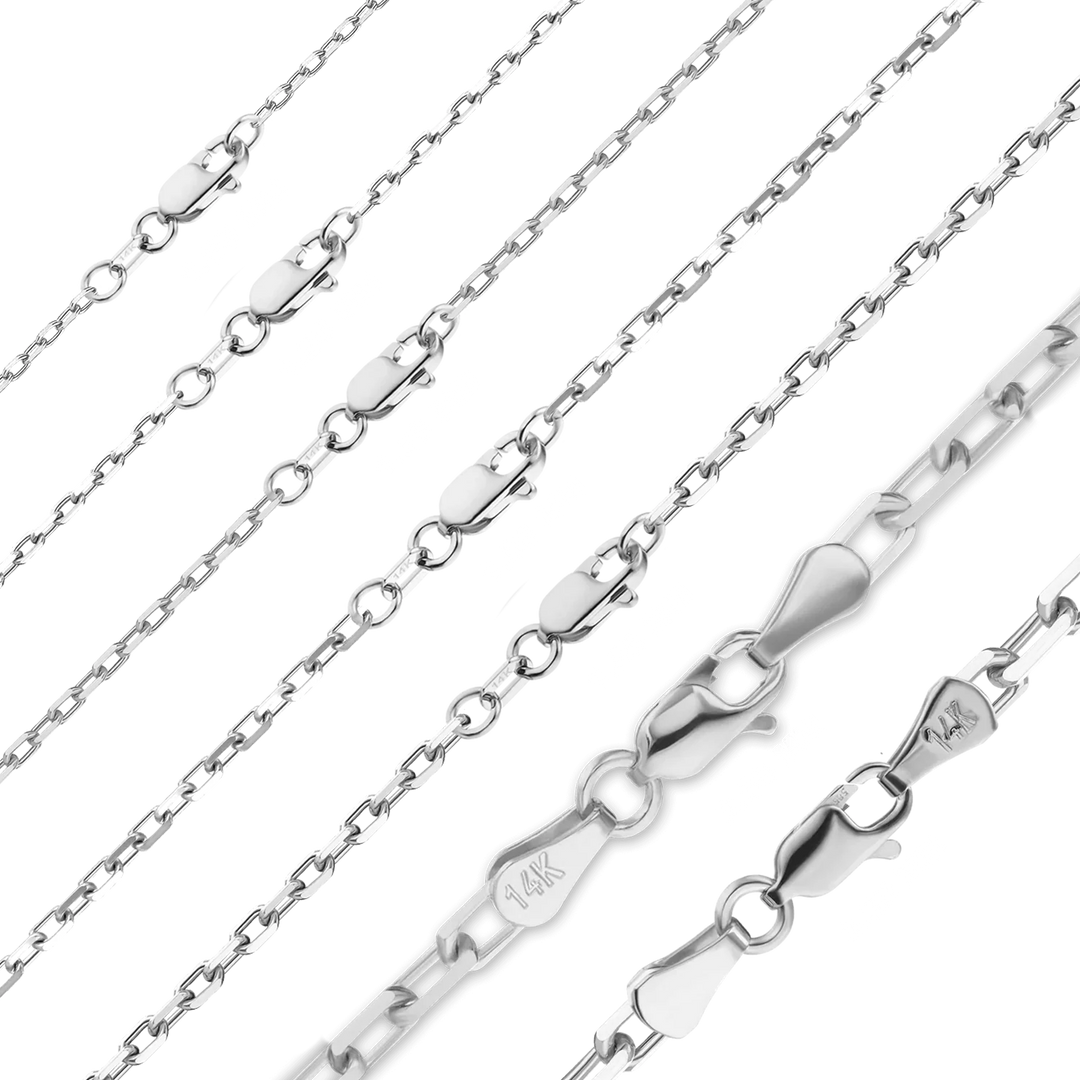 Solid 14K White Gold Elongated Diamond Cut Cable Link Custom Length Chain Necklace