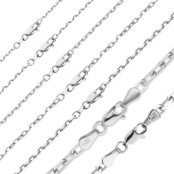 Solid 14K White Gold Elongated Diamond Cut Cable Link Custom Length Chain Necklace