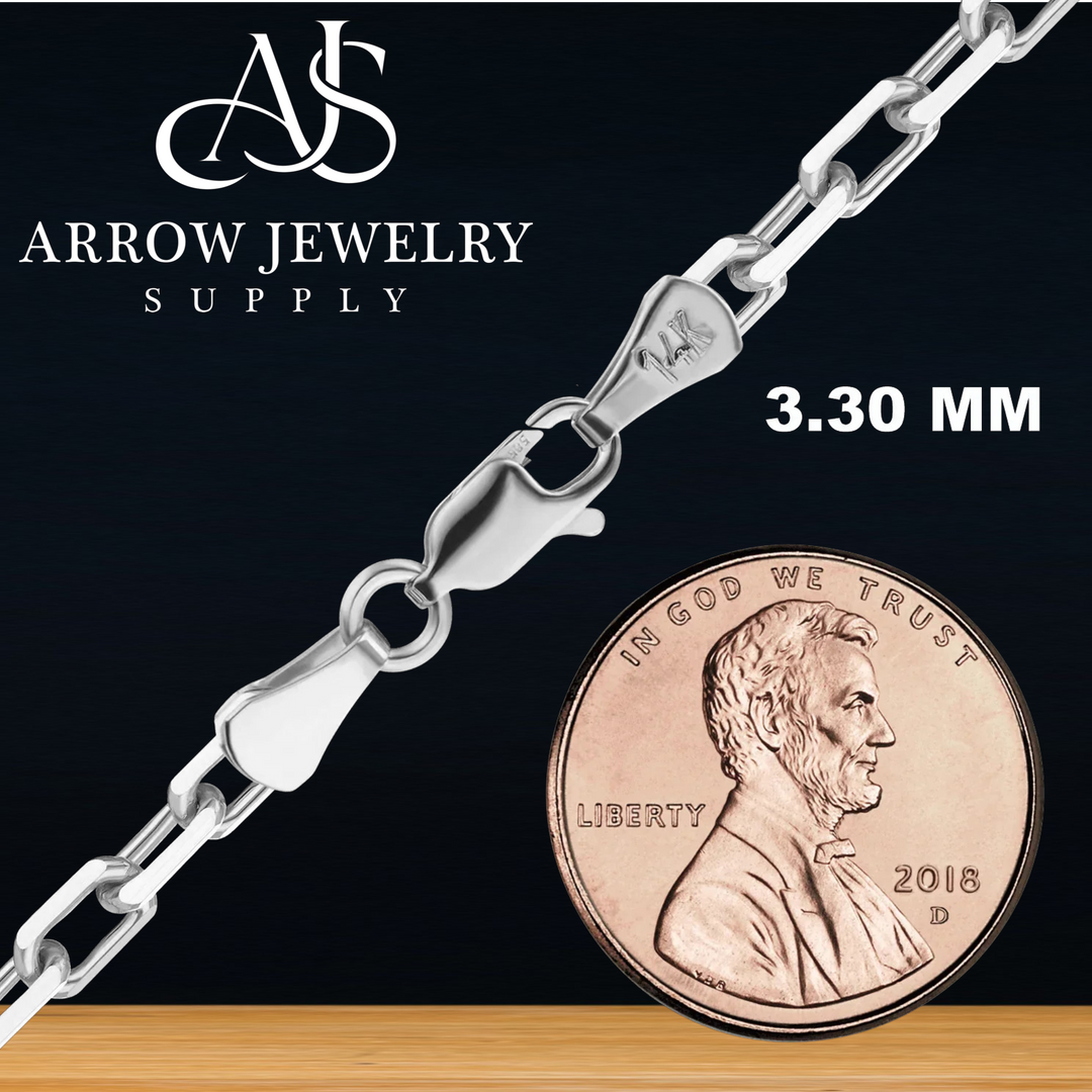 Solid 14K White Gold Elongated Diamond Cut Cable Link Custom Length Chain Necklace