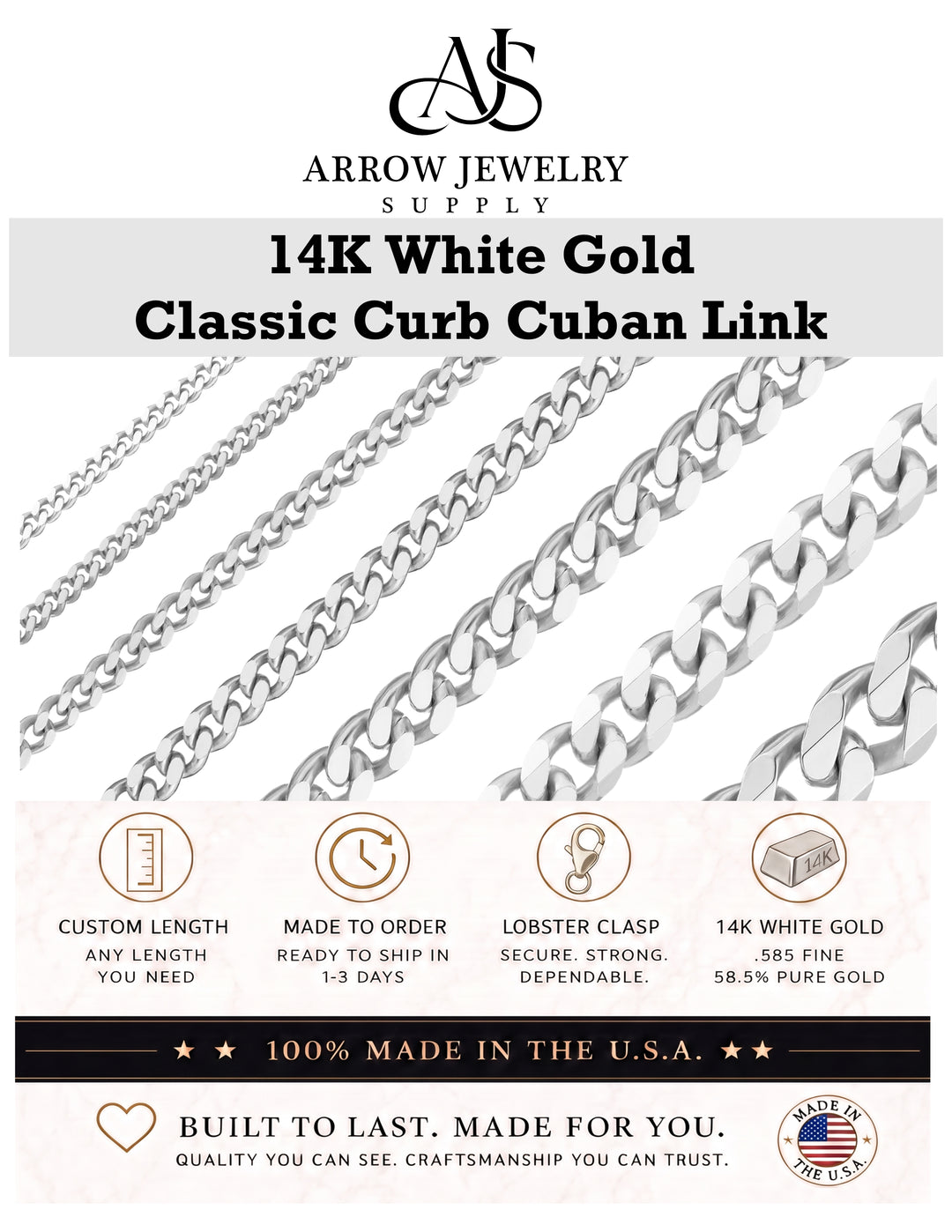 Solid 14K White Gold Curb Cuban Link Chain Necklace Made in any Custom Length