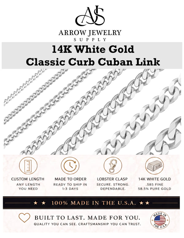 Solid 14K White Gold Curb Cuban Link Chain Necklace Made in any Custom Length