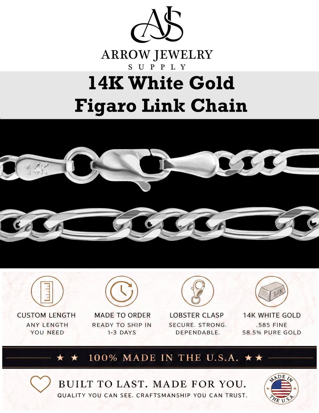 Solid 14K White Gold Classic Figaro Link Chain Necklace - Custom Length
