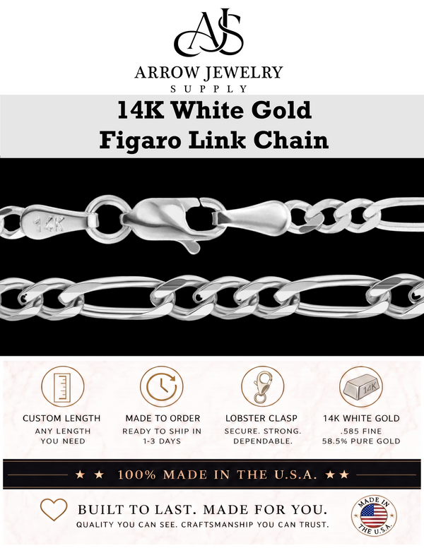 Solid 14K White Gold Classic Figaro Link Chain Necklace - Custom Length