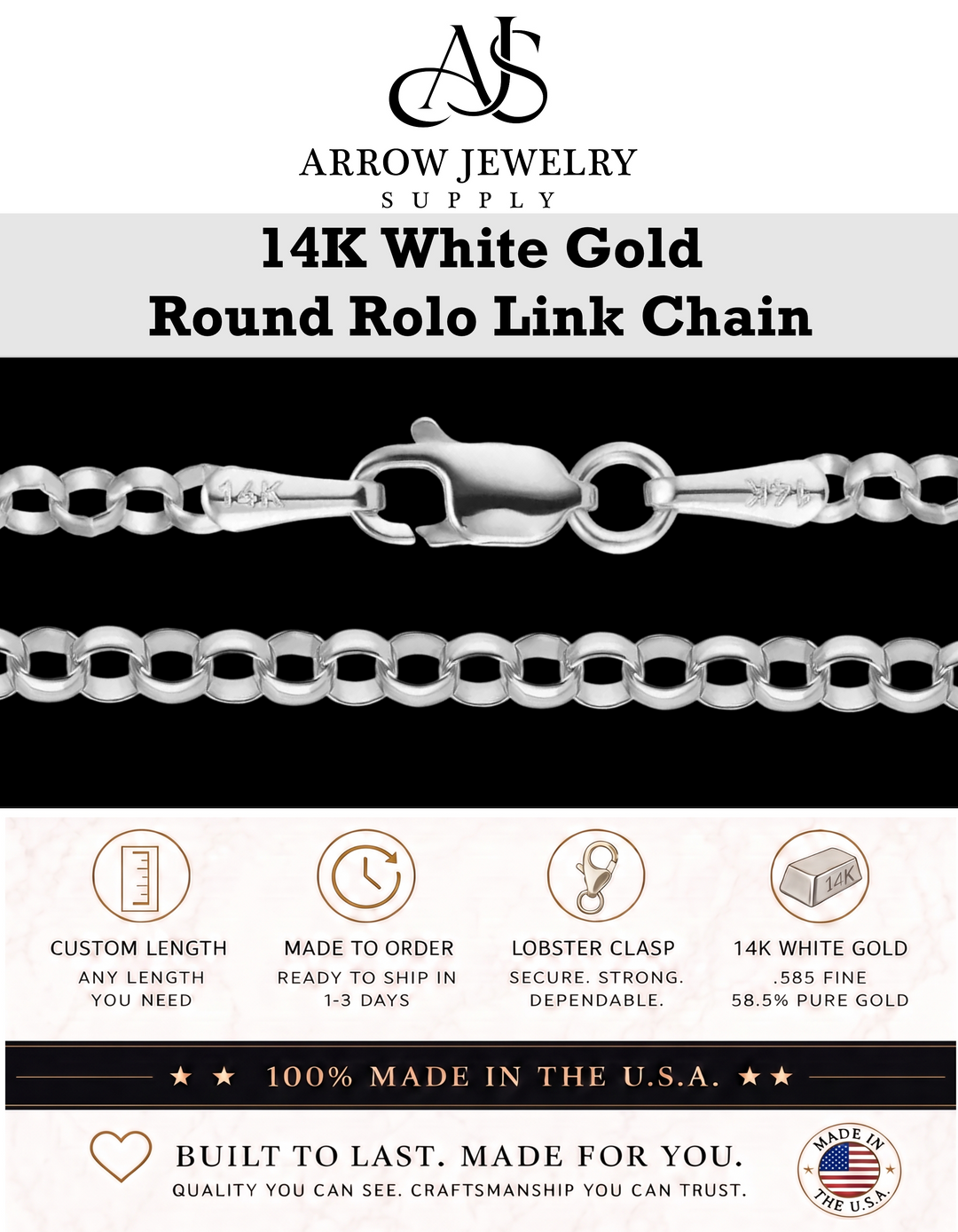 Solid 14K White Gold Round Rolo Link Chain Necklace Made in any Custom Length