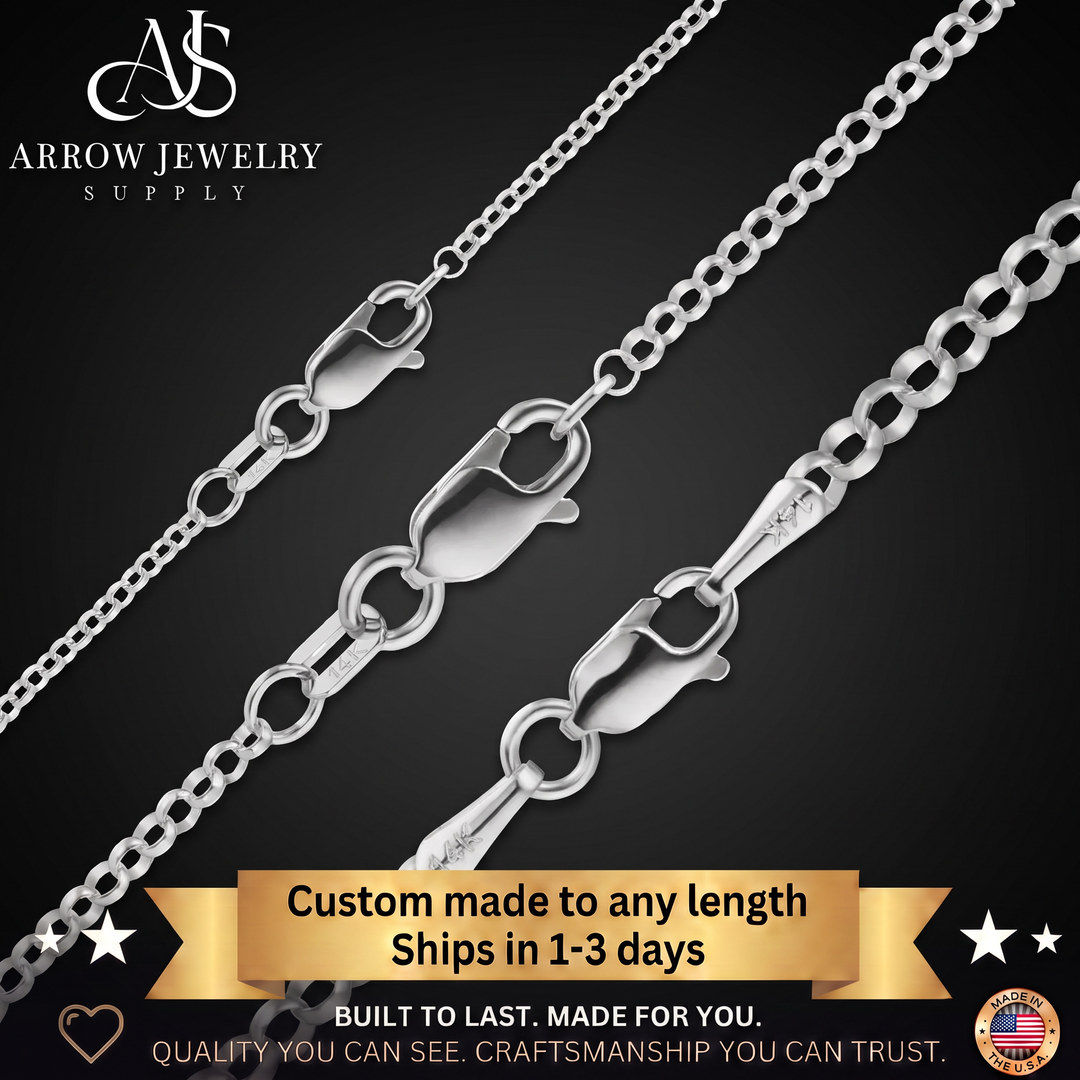 Solid 14K White Gold Round Rolo Link Chain Necklace Made in any Custom Length