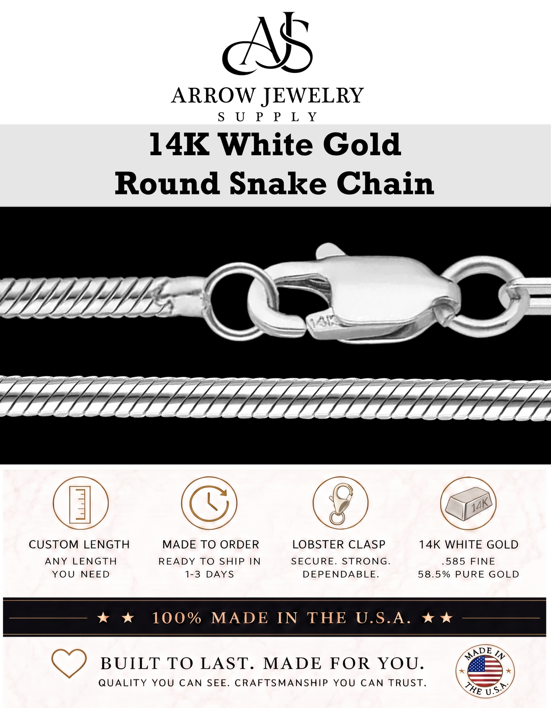 Solid 14K White Gold Round Snake Chain Necklace Made in any Custom Length
