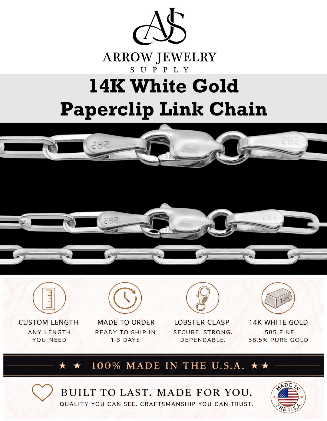 Solid 14K White Gold Paperclip Cable Link Chain Necklace - Custom Length