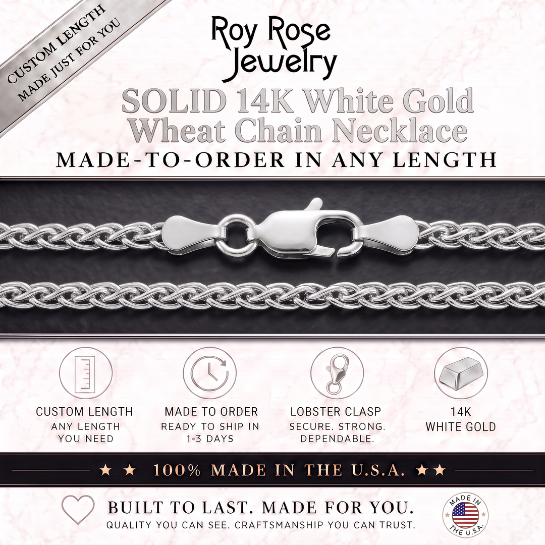 Solid 14K White Gold Wheat Chain Necklace Made in any Custom Length