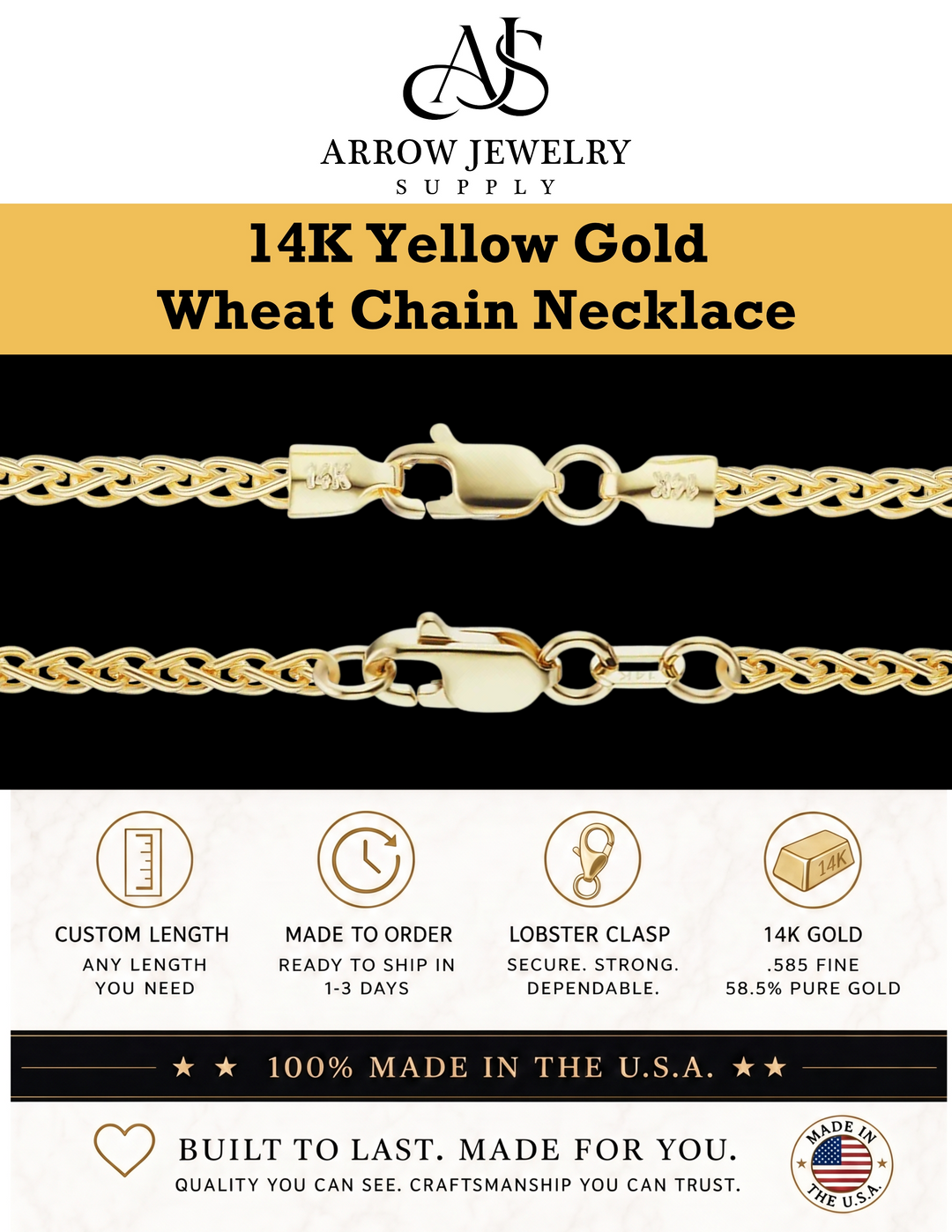 Solid 14K Yellow Gold Wheat Chain Necklace Made in any Custom Length