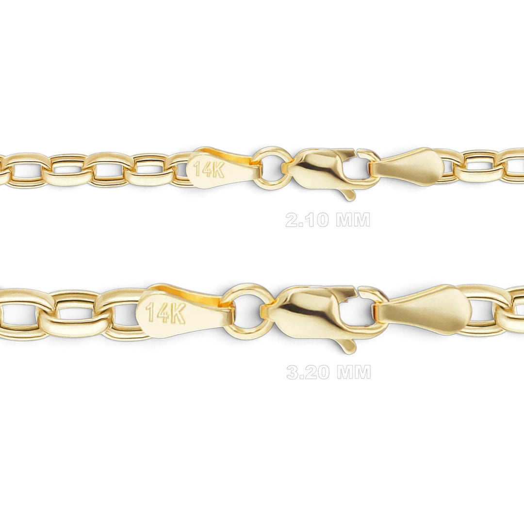 14K Yellow Gold Oval Rolo Link Chain Bracelet Semi-Solid Not Plated