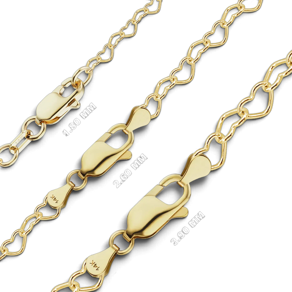 14K Yellow Gold Classic Heart Link Chain Bracelet Solid Gold Not Plated