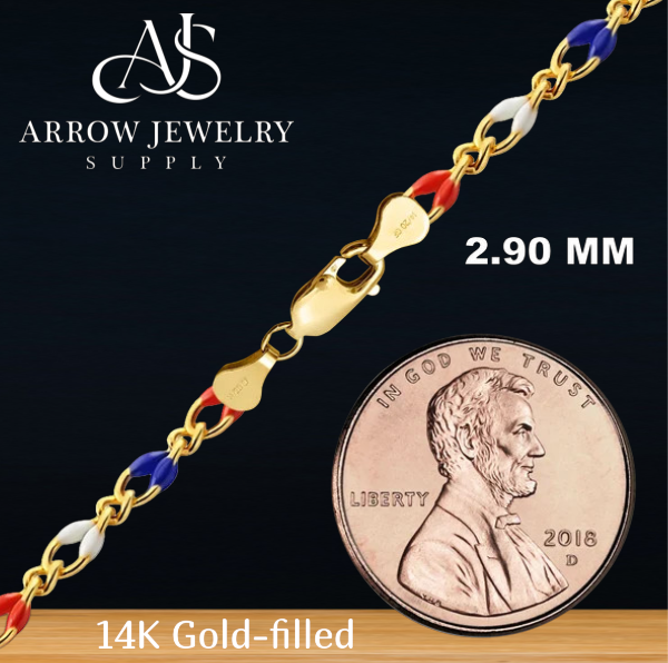 14K Gold-filled Figaro Link Chain Red White Blue Enamel Color Accents Necklace