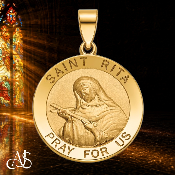 14k Solid Gold St. Rita Medal, Round Saint Rita Pendant, Polished Yellow Gold Catholic Medal