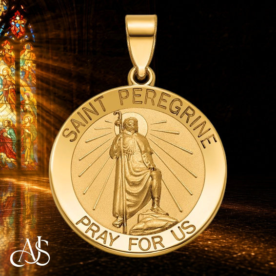14K Solid Gold St. Peregrine Medal, Round Patron Saint of Cancer Pendant