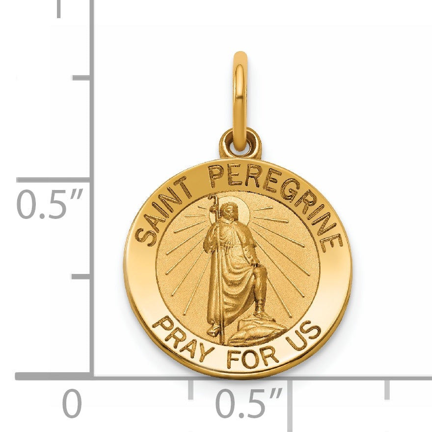14K Solid Gold St. Peregrine Medal, Round Patron Saint of Cancer Pendant