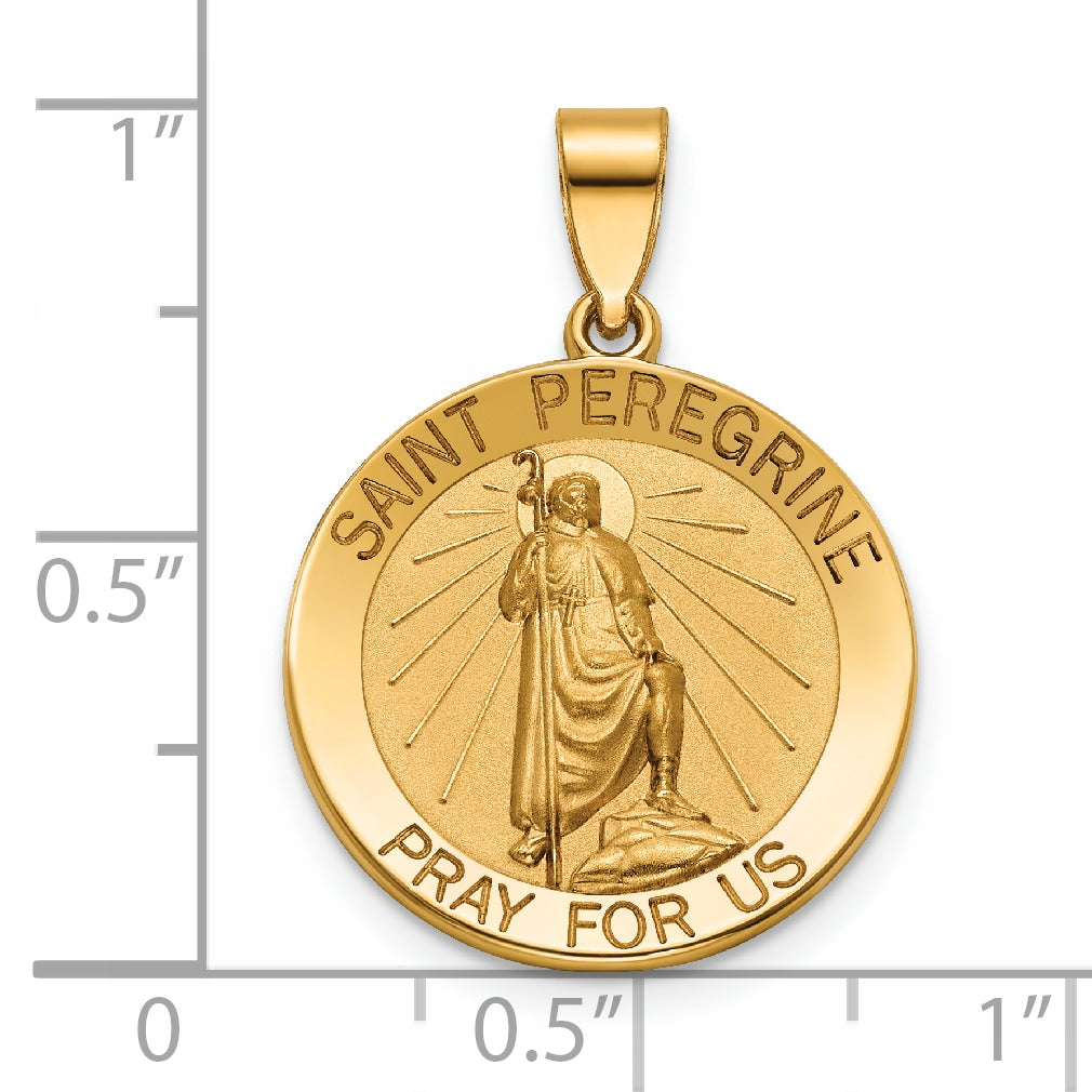14K Solid Gold St. Peregrine Medal, Round Patron Saint of Cancer Pendant