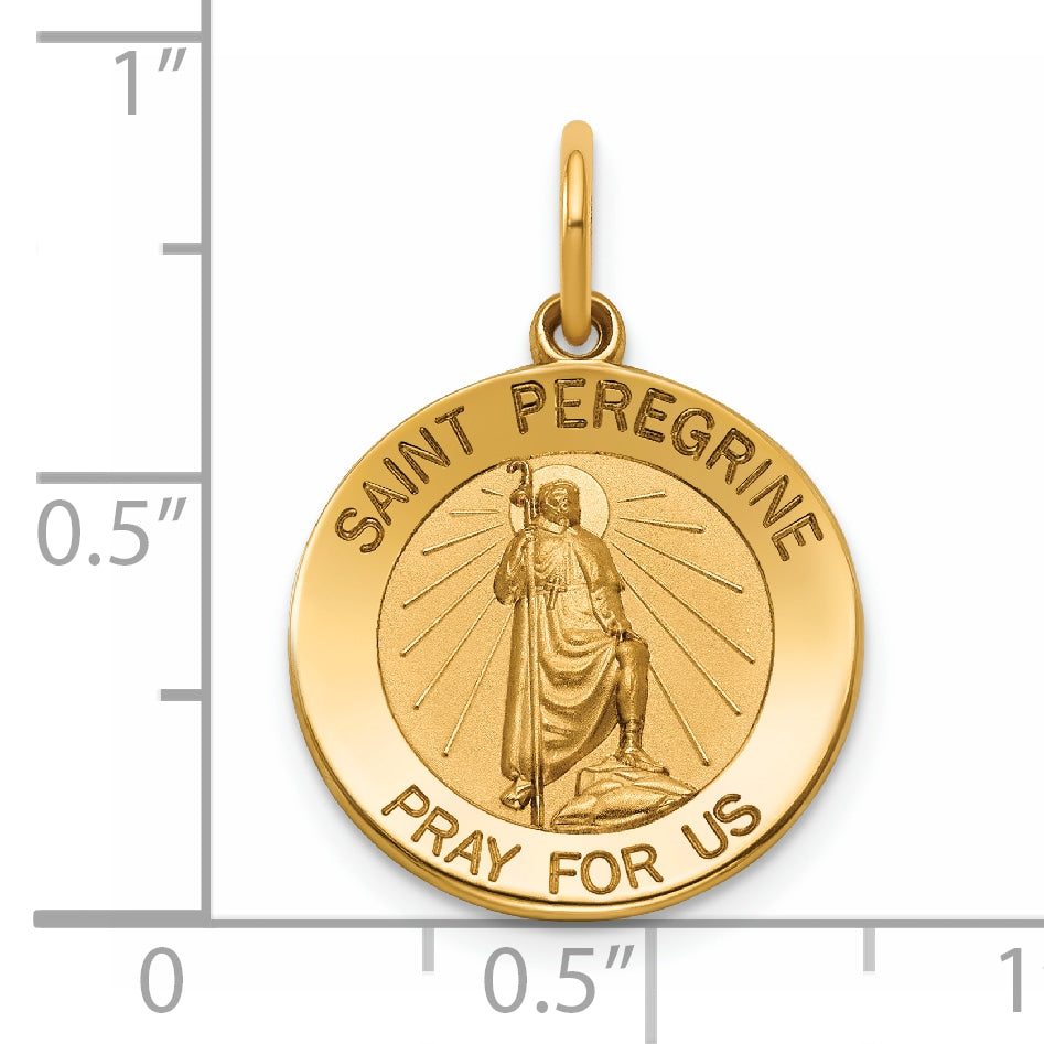 14K Solid Gold St. Peregrine Medal, Round Patron Saint of Cancer Pendant