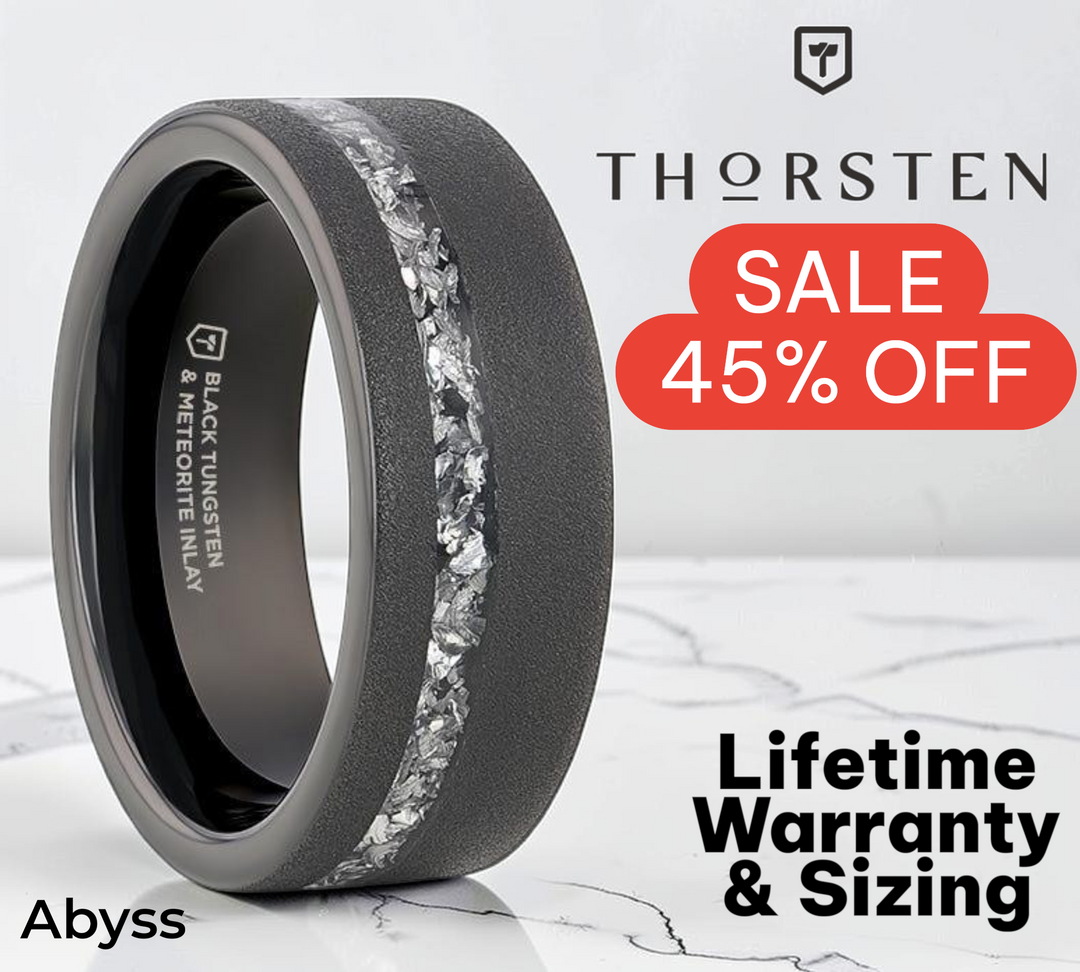 Mens Sandblasted Black Tungsten with Meteorite Fragments Inlay Wedding Ring - 8mm Wide - Style name: ABYSS