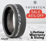 Load image into Gallery viewer, Mens Sandblasted Black Tungsten with Meteorite Fragments Inlay Wedding Ring - 8mm Wide - Style name: ABYSS
