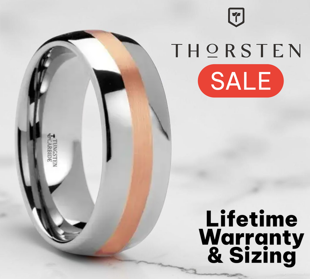 Mens Tungsten Carbide Rose Gold Inlaid Wedding Ring - Domed Comfort Fit - 6mm 8mm Wide - Style name: ALPHEUS