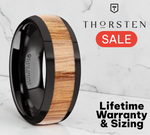 Load image into Gallery viewer, Mens Black Ceramic Red Oak Wood Inlay Domed Wedding Ring - Polished Edges Comfort Fit - 8mm Wide - Style name: AMBROSE
