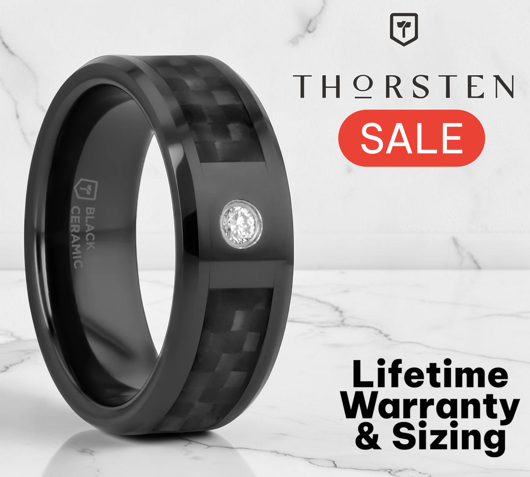 Mens Black Ceramic Black Carbon Fiber Inlay Diamond Wedding Ring - Domed Comfort Fit - 8mm Wide - Style name: ANGUS