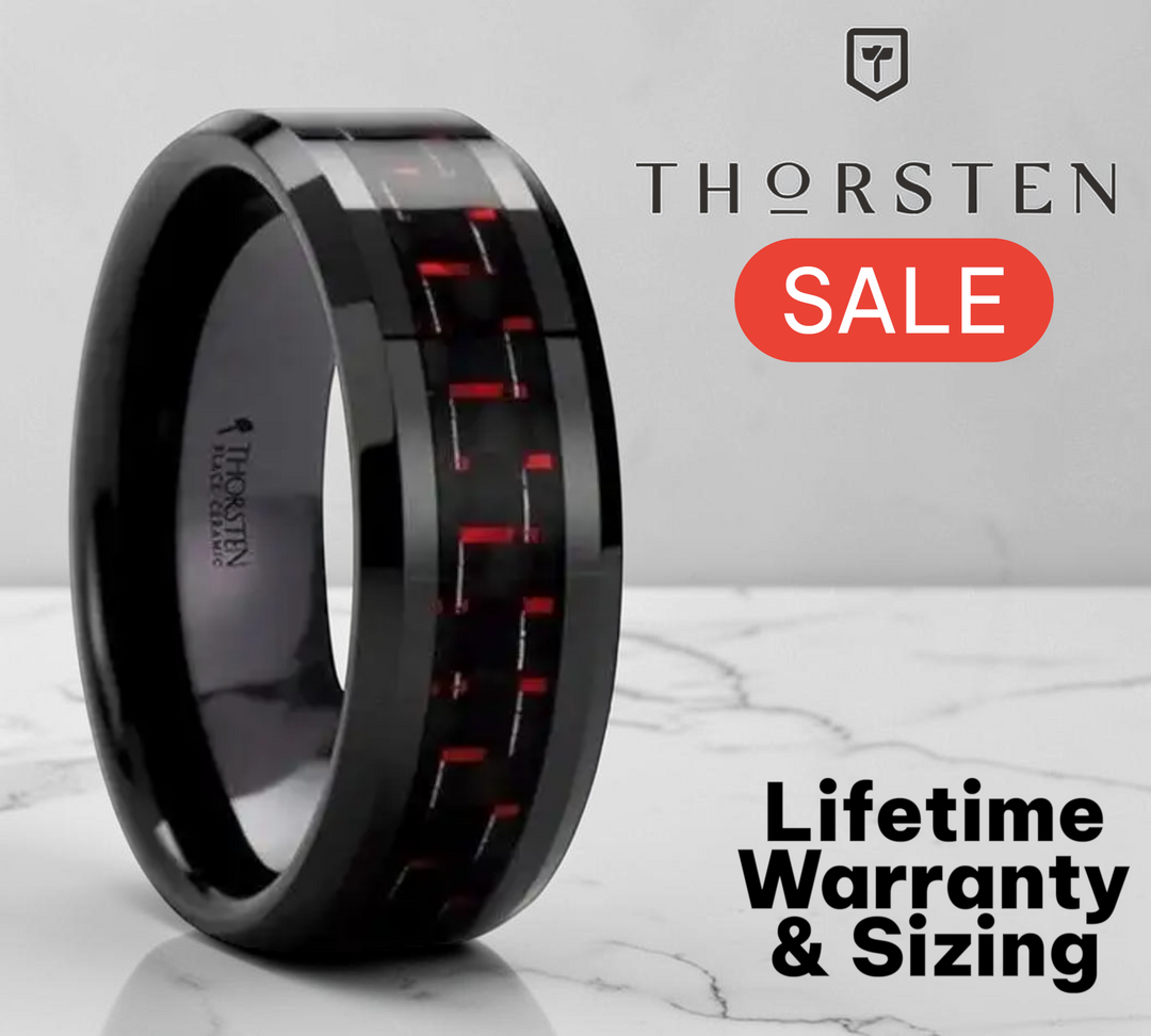 Mens Black Ceramic Black & Red Carbon Fiber Wedding Ring - Beveled Comfort Fit - 4mm 6mm 8mm 10mm Wide - Style name: ANTONIUS