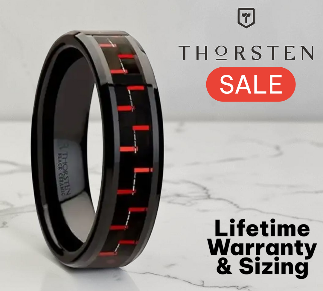 Mens Black Ceramic Black & Red Carbon Fiber Wedding Ring - Beveled Comfort Fit - 4mm 6mm 8mm 10mm Wide - Style name: ANTONIUS