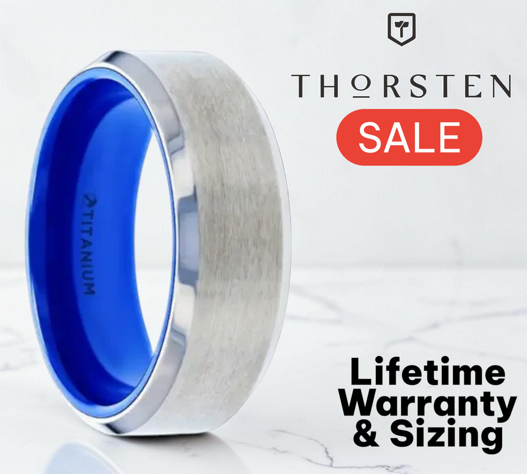 Mens Titanium Brushed Centered Vibrant Blue Inside Wedding Ring - Flat Beveled Edges Comfort Fit - 8mm Wide - Style name: ARCTIC