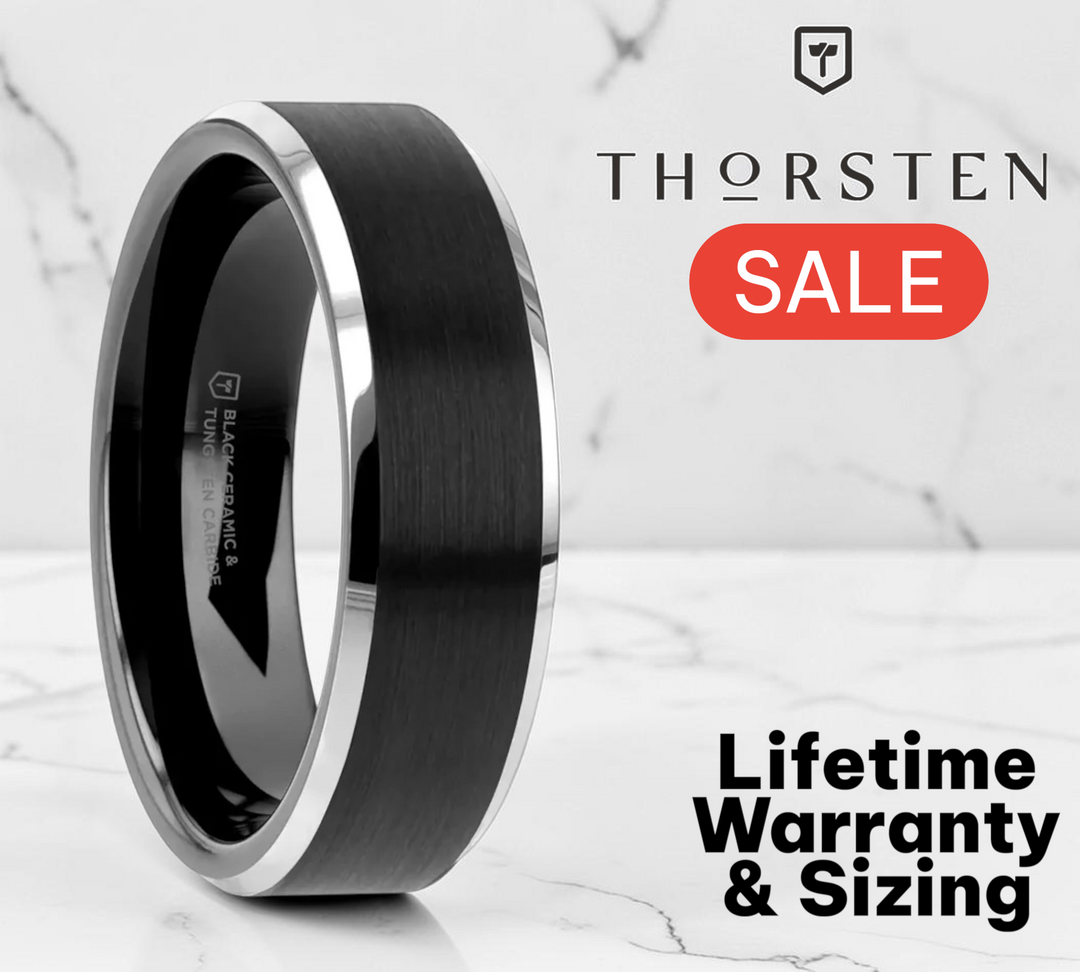 Mens Tungsten Carbide Brushed Finish Black Ceramic Center Wedding Ring - Beveled Comfort Fit - 6mm 8mm Wide - Style name: ARDEN