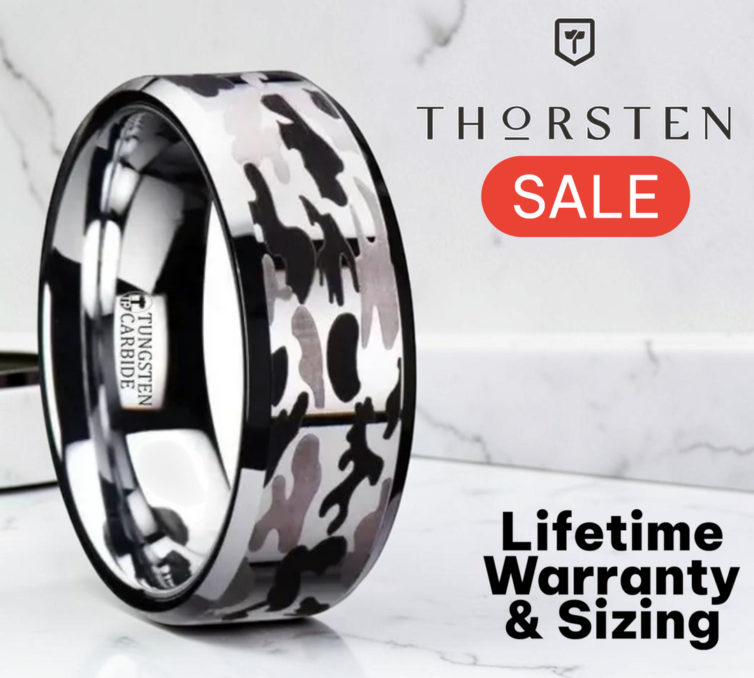 Mens Tungsten Carbide Black and Gray Camo Pattern Wedding Ring - Beveled Comfort Fit - 8mm Wide - Style name: ARMISTICE